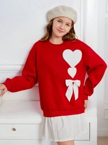 SHEIN Leap Crew Teen Girl Red Heart/Bow Decor Design Pullover Sweatshirt, Cute For Date Night - Red - View 3