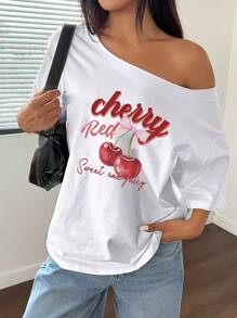 Flirla Camiseta de talla grande para mujer con estampado de cerezas y cuello asimétrico, de manga corta, para el verano - Blanco - Ver 3