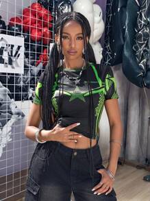 Slaydiva Women's Star Print Cropped Round Neck Short Sleeve Fitted T-Shirt - Multicolor - View 5