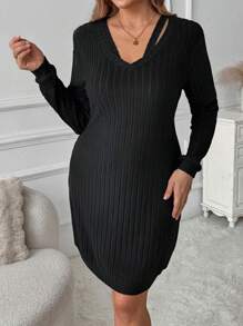 SHEIN CURVE+ Plus Size Women's Solid Color Simple Knitting Sweater Dress, For Autumn/Winter