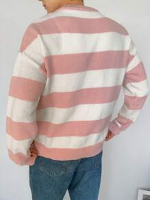 Manfinity CasualKnits Men's Striped Button Front Cardigan, Casual Simple Fashion For Everyday Wear - Apricot - View 4