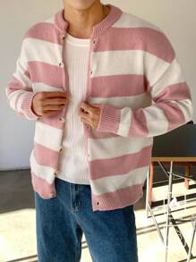 Manfinity CasualKnits Men's Striped Button Front Cardigan, Casual Simple Fashion For Everyday Wear - Apricot - View 7