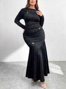 SHEIN Essnce Plus Size Women's Black Autumn Elegant Formal Evening Dress, Sparkly Long Birthday Wedding Guest Outfits,Slim Commuter Business Casual Clothes - Black - View 4