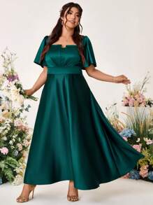 Cravure Plus Size Square Neck Flare Sleeve Solid Color Satin A-Line Ankle-Length Dress, For Wedding, Party & Celebration - Dark Green - View 4