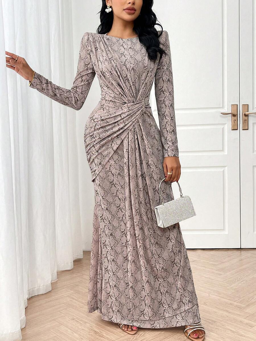 Modelyn Women's Snake Print Round Neck Long Sleeve Arabic Style Dress With Waist Ruching And Fish Tail Hem Long Evening Dresses - Apricot - View 1