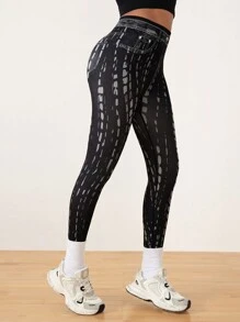 SHEIN Sports Women High Waist Denim Effect Leggings - Black - View 5