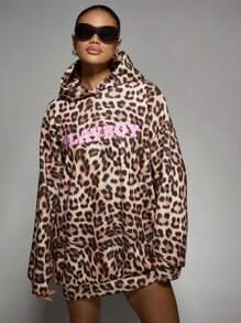 Missguided x Playboy Animal Print Oversized Sweatshirt Winter Fall Loungewear Drawstring Hood Pink Bunny Graphic Casual Street Style Statement Hoodie Fashion - Multicolor - View 4