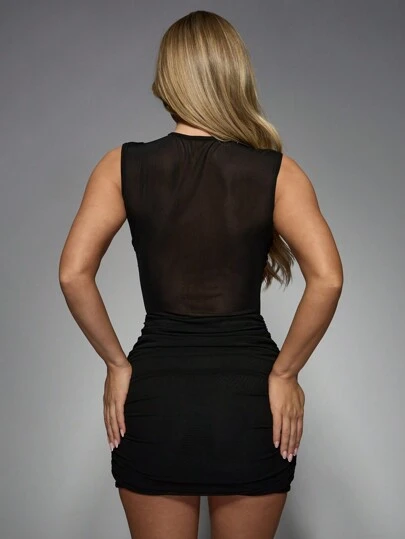 MISSGUIDED Mesh Insert Mini Dress Ruched Bodycon Party Clubwear Evening Little Black Dress Special Occasion Form Fitting Date Night,M