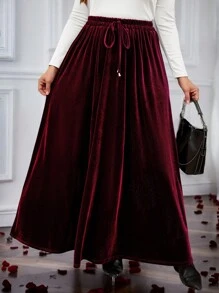 SHEIN LUNE Plus Size Christmas Women Autumn And Winter Skirt Wine Red Color Christmas Women Long Skirt New Years Women Holiday - Burgundy - View 3