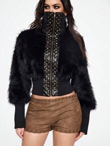 ROMWE Grunge Punk Spring Luxury  Women Short Faux Fur Splicing PU Black Leather Jacket, Slim Fit - Black - View 2