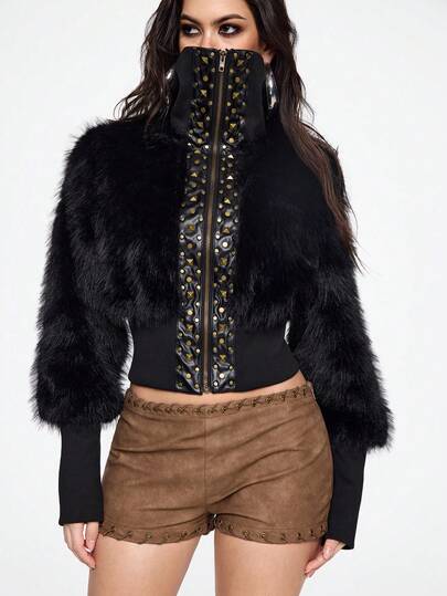 Grunge Punk Women Short Faux Fur Splicing PU Leather Jacket, Slim Fit