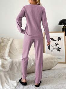 EURMUSE 100%Cotton Embroidery Cartoon & Letter Pattern Lounge Set - Lilac Purple - View 2