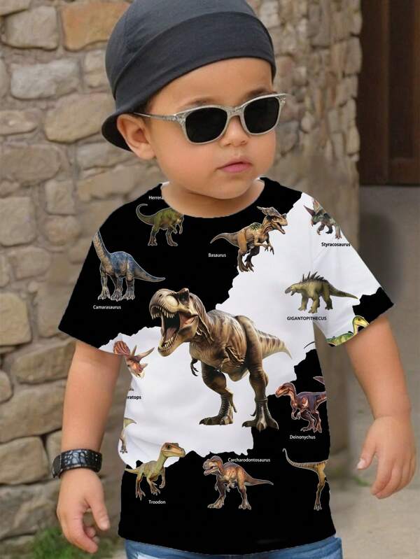 SHEIN DINOSAUR, Young Boy Casual Minimalist Round Neck Short Sleeve Loose Fit T-Shirt, Suitable For Summer