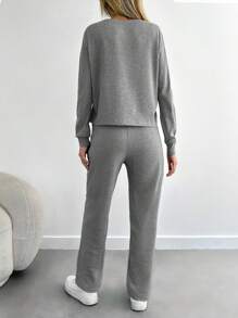 SHEIN Cottnline Cotton Women Solid Color Ribbed Tee & Pants ,Petite Women - Grey - View 2