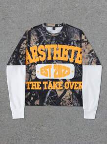 Men's Crew Neck Dead Tree Print Patchwork Pullover Long Sleeve Sweatshirt - Multicolor - View 1