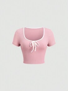 Sweetra Women's Round Neck Color Block Bowknot T-Shirt Set, Black And Pink