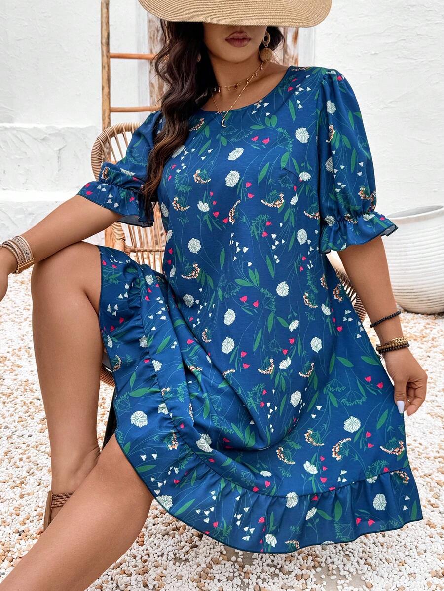 SHEIN LUNE Plus Size Women All-Over Floral Print Round Neck Ruffle Trim Short Sleeve Midi Dress