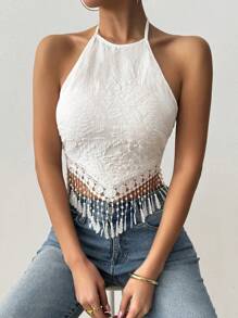 Chiquease Women's Halter Neck Tie Back Fringe Hem Casual Top, Daily Wear - White - View 4