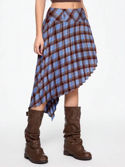 Grunge Punk Falda plisada con estampado de cuadros, cintura muy baja y bajo asimétrico, estilo retro Y2K