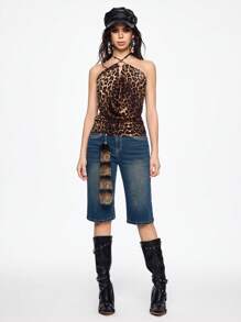 ROMWE Grunge Punk Y2K 复古千禧年做旧仿毛皮尾巴拉链下摆七分紧身裤 - 藍色 - 查看 6