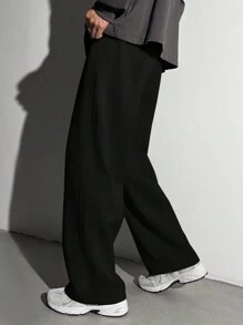 SHEIN 青少年男孩 1 件休闲时髦酷嘻哈风格宽松针织休闲街头潮流复古学院风格长压褶运动裤返校节；文艺复兴；秋季服装；青少年男孩服装；机场；鸡尾酒会； - 黑色 - 查看 6