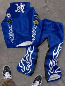 SHEIN Leap Crew Bộ quần áo hoodie và quần dài dạo phố rộng rãi thoải mái cho bé trai tuổi mới lớn có tên thành phố Cool City, đầu lâu, logo vá tròn, số 68, Spade Happy, họa tiết ngọn lửa, phù hợp cho mùa thu/đông - Nhiều màu - Xem 2