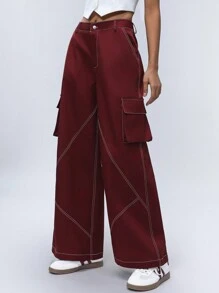 SHEIN Unity 法式优雅蓝色印花 V 领连衣裙，褶皱下摆设计，短款喇叭形廓形，适合情人节约会 - 酒紅色 - 查看 2