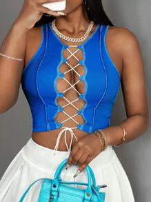 Slaydiva Top de punto acanalado con efecto tie-up, estilo de bloqueo de color, sexy, sin mangas, de estilo callejero Y2K - FF - Azul - Ver 7