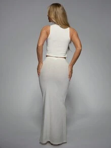 MISSGUIDED Women Sleeveless Turtleneck Crop Top Maxi Skirt Two Pieces Outfit Formal Evening Party Summer Wedding Guest Ribbed Set - White - View 2