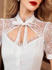 Vintamour Blus Lengan Pendek Bertali Pita Motif Renda Elegan Bergaya Vintage, Cocok untuk Musim Semi & Musim Panas, Hari Valentine, dan Musim Panas. - Putih - View 1