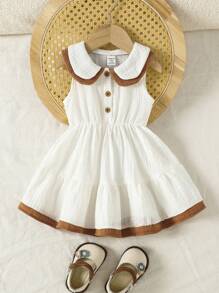 Vintaside Kids Vestido de algodón de gasa con doble cuello y falda acampanada con volantes para niñas, apropiado para fiestas y salidas. - Blanco - Ver 2