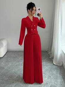 Elenzga 2pcs Women's Set With Waist Cinching Button, Pleated Asymmetric Design Fall Cloth For Women - Red - View 5