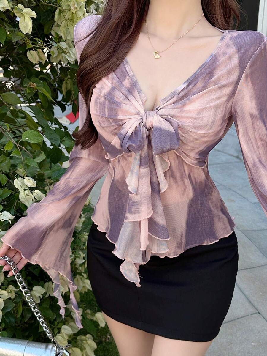 DAZY All-Over Floral Print V-Neck Tie Front Flare Sleeve Blouse For Women,Ruffle,Fall Women Clothes Long Sleeve Top - Purple - View 1