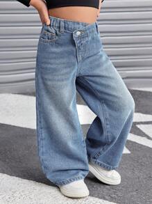 SHEIN 年轻女孩 Y2K 复古蓝色不对称腰部宽松牛仔裤，秋冬季，感恩节