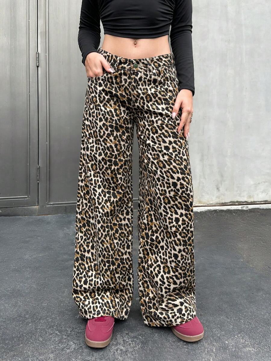 EURMUSE LEOPARD WIDE LEG LOW WAIST JEANS - Multicolor - View 1