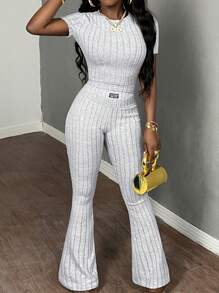 SHEIN Leap Crew 2 Pieces Set Ribbed Knit Crop Top And Flare Pants For Teen Girls, Casual And Comfortable, Suitable For Spring And Summer - Light Grey - View 6