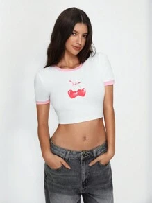 SHEIN Unity Women's Cherry Print Round Neck Short Sleeve Cropped T-Shirt - Pink - View 4