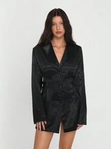 TRNVIE Solid Color Satin Textured Long A-Line Women's Suit Jacket
