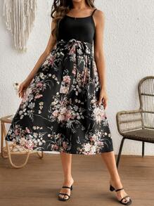 SHEIN Summer Women 2pcs Set Printed Elastic Suspender Skirt & Ditsy Floral V-Neck Long Dress, Maternity-Friendly - Multicolor - View 1