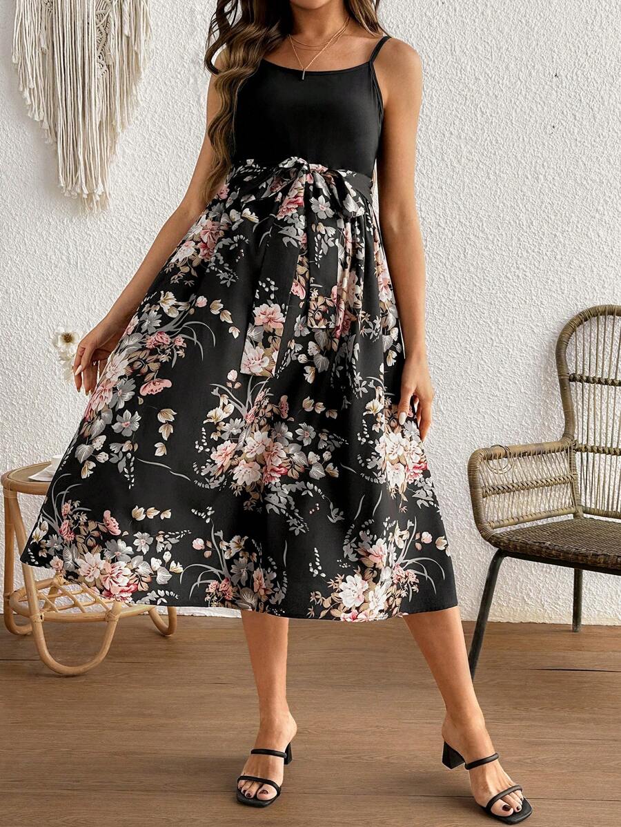 SHEIN Summer Women 2pcs Set Printed Elastic Suspender Skirt & Ditsy Floral V-Neck Long Dress, Maternity-Friendly - Multicolor - View 1