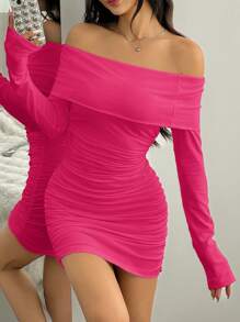 SHEIN EZwear Women's Solid Color Off Shoulder Long Sleeve Slim Fit Short Dress - Hot Pink - View 4