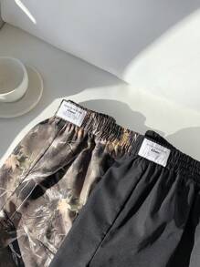 Comfortcana 2pcs Set Plant Print Black Cargo Loose Plus Size Shorts,Summer Clothes