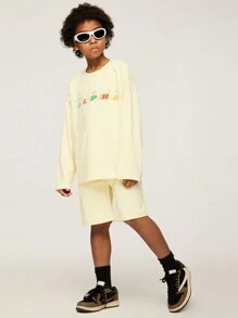 SHEIN Explorewe Bộ áo thun dài tay in hình ngôi sao ombre thời trang đường phố dành cho bé trai và quần short rộng - Màu be - Xem 5