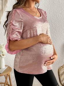 SHEIN Maternity Solid Color Contrast Ruffle Trim Casual Commuting Versatile Blouse
