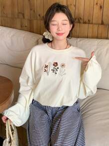 FRIFUL Women's Round Neck Long Sleeve Floral Embroidered Print T-Shirt, Autumn