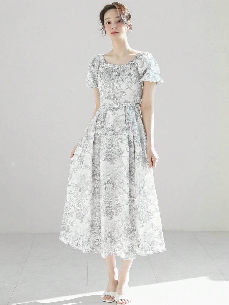Women's Off Shoulder Cinched Waist Waist Mid-Length Dress Maxi Dress Floral Dresses For Women