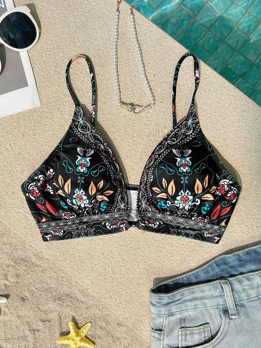 Vivid Eden Women's Spaghetti Strap Printed Minimalist Bikini Swimwear Top, Casual Bathing Suit Top, For Summer Beach Vacation