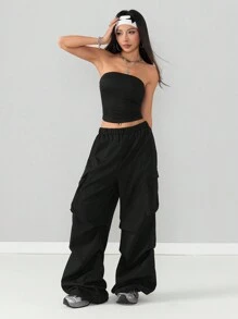 Coolane Women's Spring/Summer Going Out Concert Game Day Off The Shoulder Tube Top And Cargo Parachute Pants - Black - View 3
