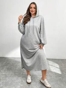 SHEIN Essnce Plus Size Women's Autumn And Winter Casual Fashion Loose Basic Long Sleeve Black Hooded Sweater Pocket Long Dress, Conservative Dress,Fall Women Clothes,Winter Women Dress