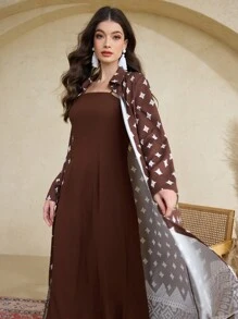 Al Najma 1 Set Women's Full Print Long Sleeve Jacket & Dress Arabic Style Outfit